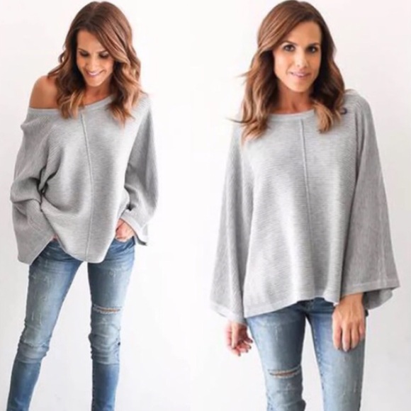 fairlygirly Sweaters - Ribbed Knit Flared Dolman Sleeve Sweater Top Grey